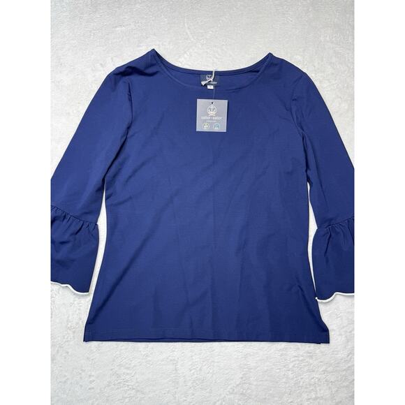 Sailor Sailor Ruffle Sleeve Coastal Top Navy UPF Fabric SZ S Resortwear - Picture 1 of 12